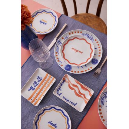 12-delige serviesset van porselein — rood/blauw/wit