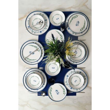 18-delige keramische serviesset — wit/blauw/groen