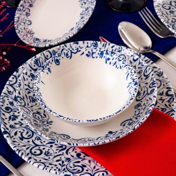 18-delige serviesset, wit/blauw, porselein