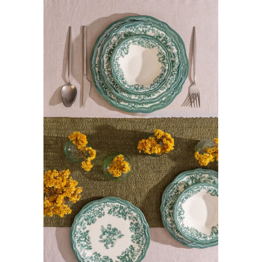 24-delig servies, wit/groen, porselein