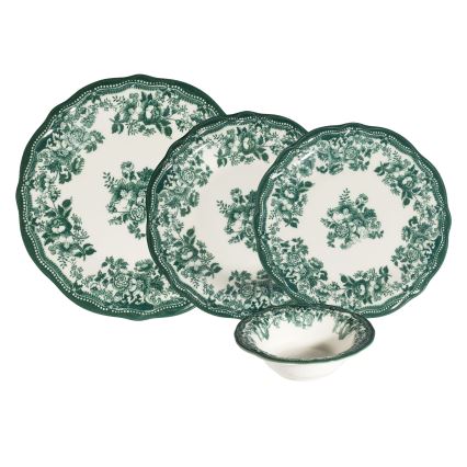 24-delig servies, wit/groen, porselein