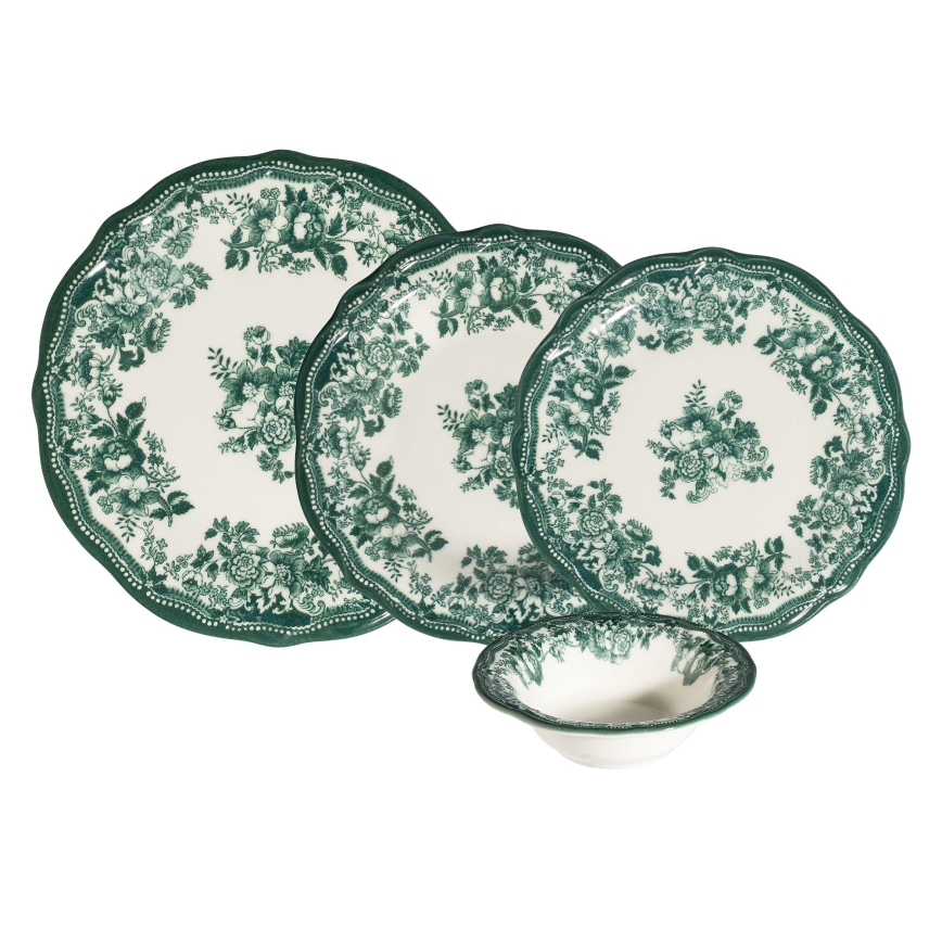 24-delig servies, wit/groen, porselein