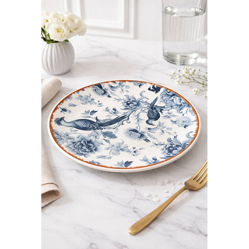 24-delige serviesset van keramiek, wit/blauw/bruin