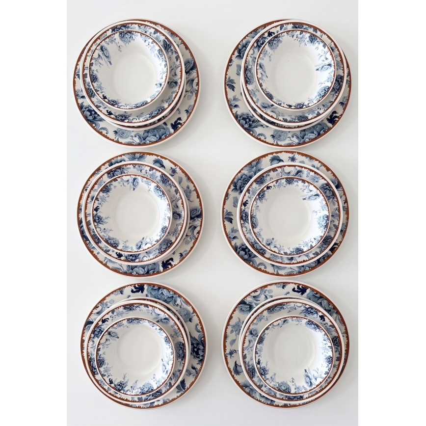 24-delige serviesset van keramiek, wit/blauw/bruin