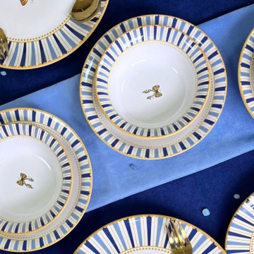 24-delige serviesset, wit/blauw/goud, keramiek