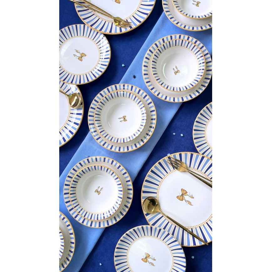 24-delige serviesset, wit/blauw/goud, keramiek