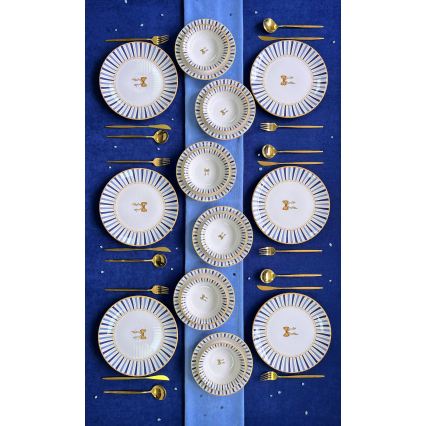 24-delige serviesset, wit/blauw/goud, keramiek