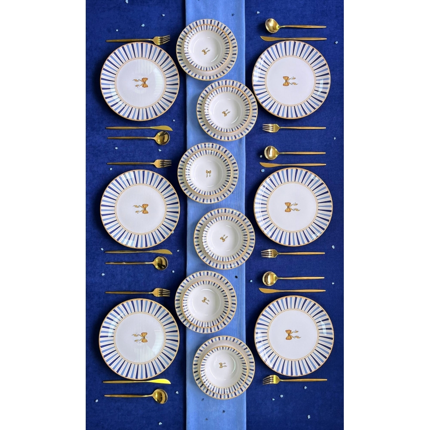 24-delige serviesset, wit/blauw/goud, keramiek