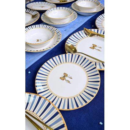 24-delige serviesset, wit/blauw/goud, keramiek
