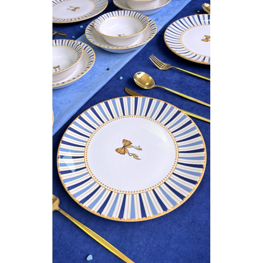 24-delige serviesset, wit/blauw/goud, keramiek