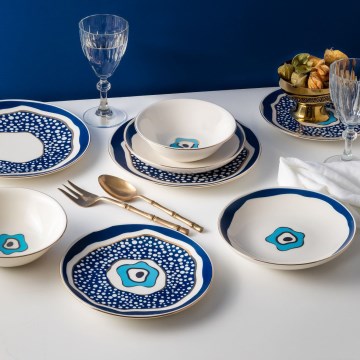 24-delige serviesset, wit/blauw/goud, porselein