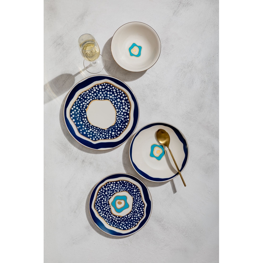 24-delige serviesset, wit/blauw/goud, porselein