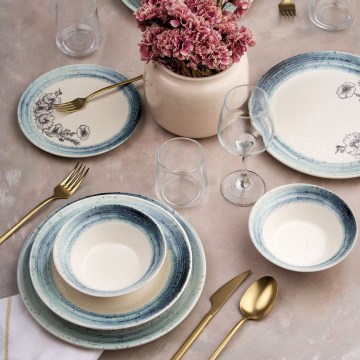 24-delige serviesset, wit/blauw, keramiek