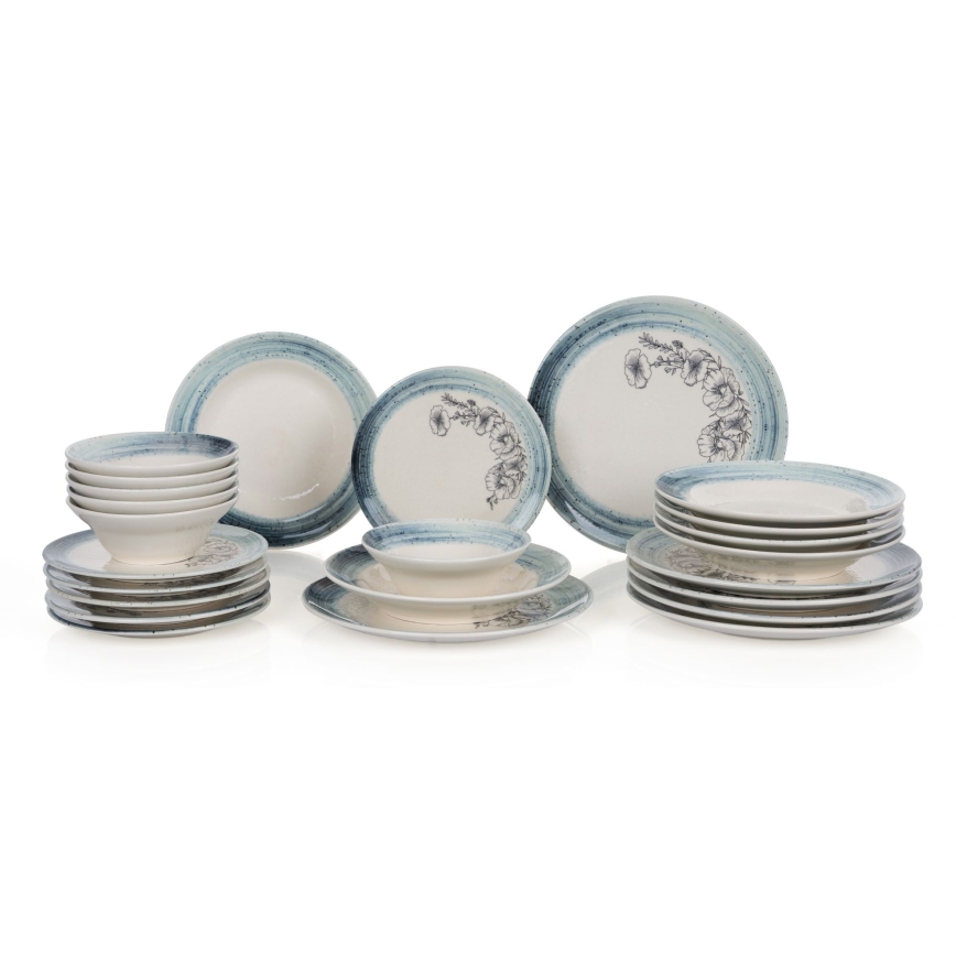 24-delige serviesset, wit/blauw, keramiek