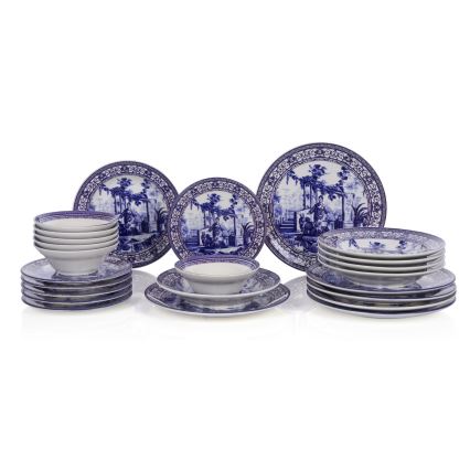 24-delige serviesset, wit/blauw, keramiek