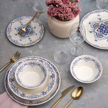 24-delige serviesset, wit/blauw, keramiek