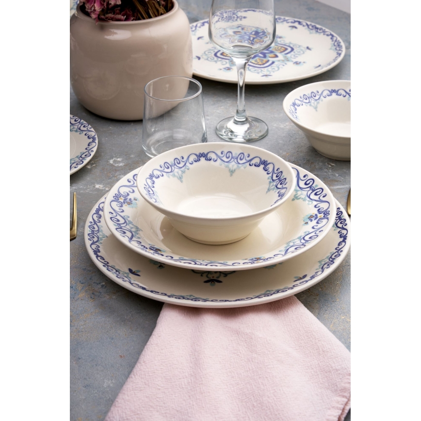 24-delige serviesset, wit/blauw, keramiek