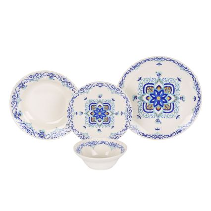 24-delige serviesset, wit/blauw, keramiek