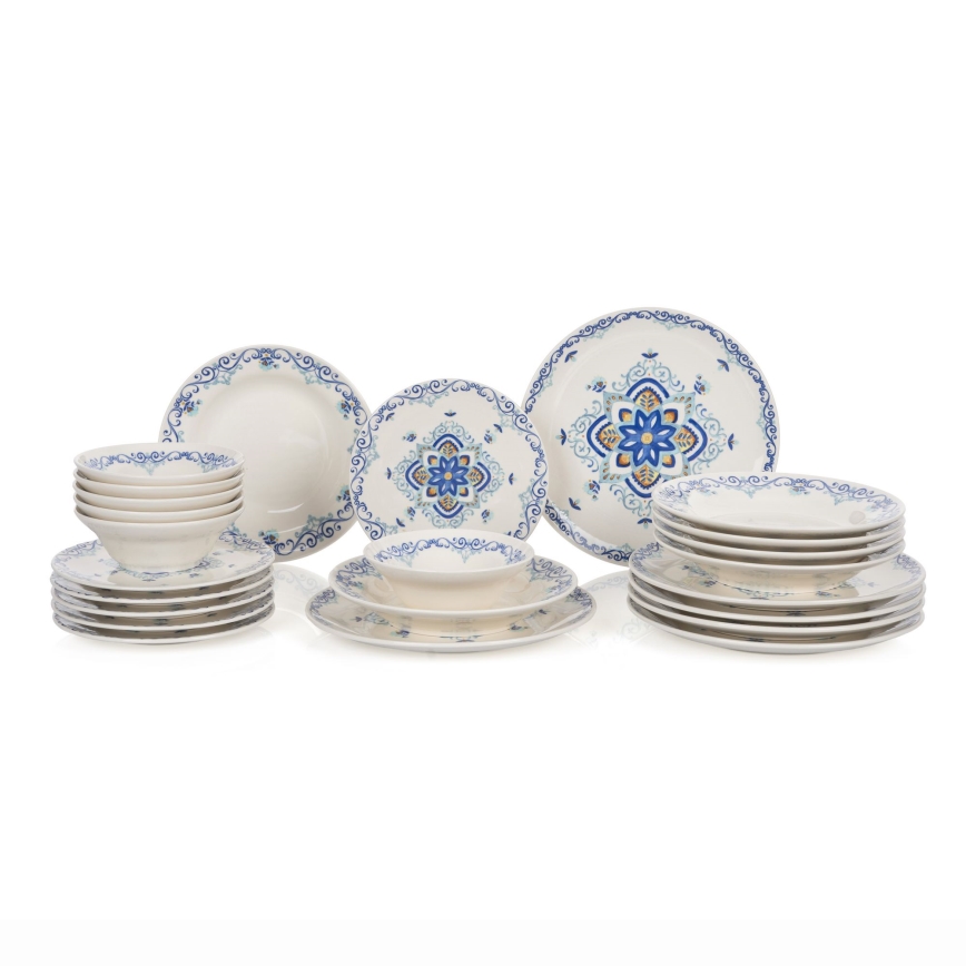 24-delige serviesset, wit/blauw, keramiek