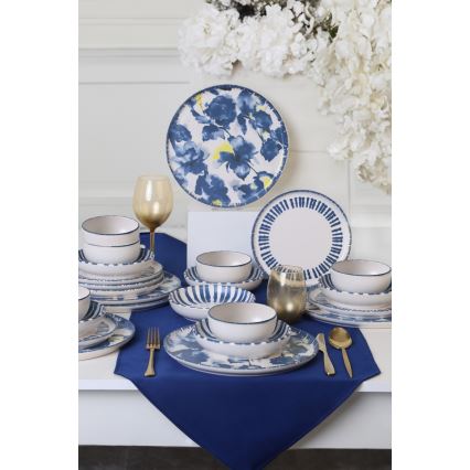 24-delige serviesset, wit/blauw, steengoed
