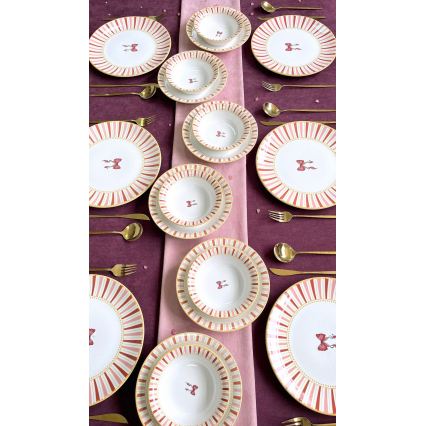 24-delige serviesset, wit/roze/goud, keramiek