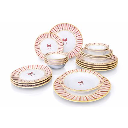 24-delige serviesset, wit/roze/goud, keramiek