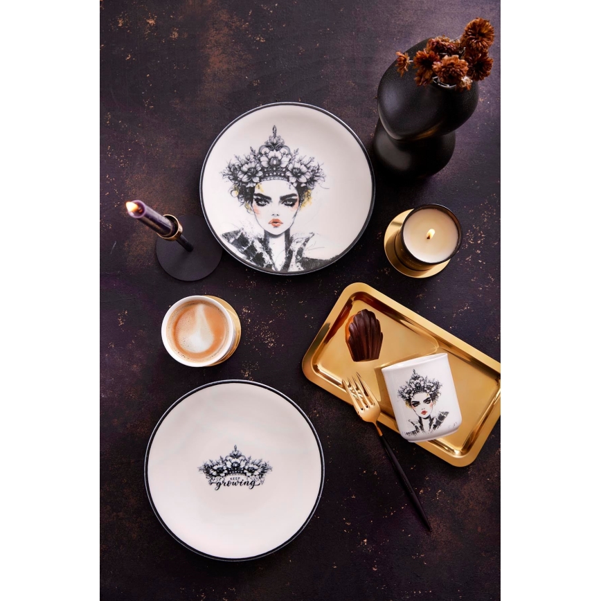 4-delig servies, zwart/wit, porselein