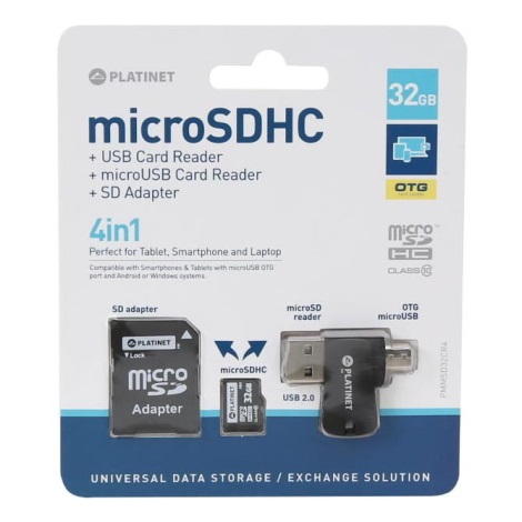 4en1 MicroSDHC 32GB + Adaptateur SD + Lecteur de carte MicroSD + Adaptateur OTG