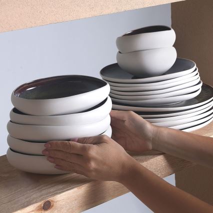 55-delig servies, wit/zwart/steengoed