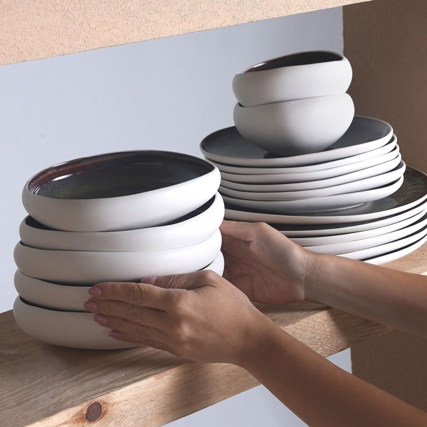 55-delig servies, wit/zwart/steengoed