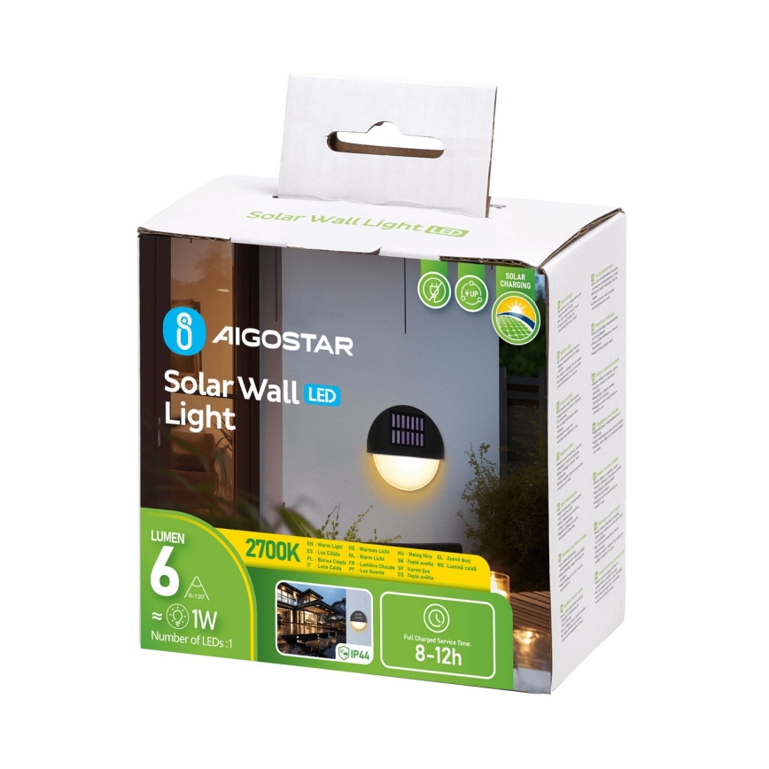 Aigostar - Applique murale solaire LED/1W/1,2V noir 200 mAh 2700K IP44
