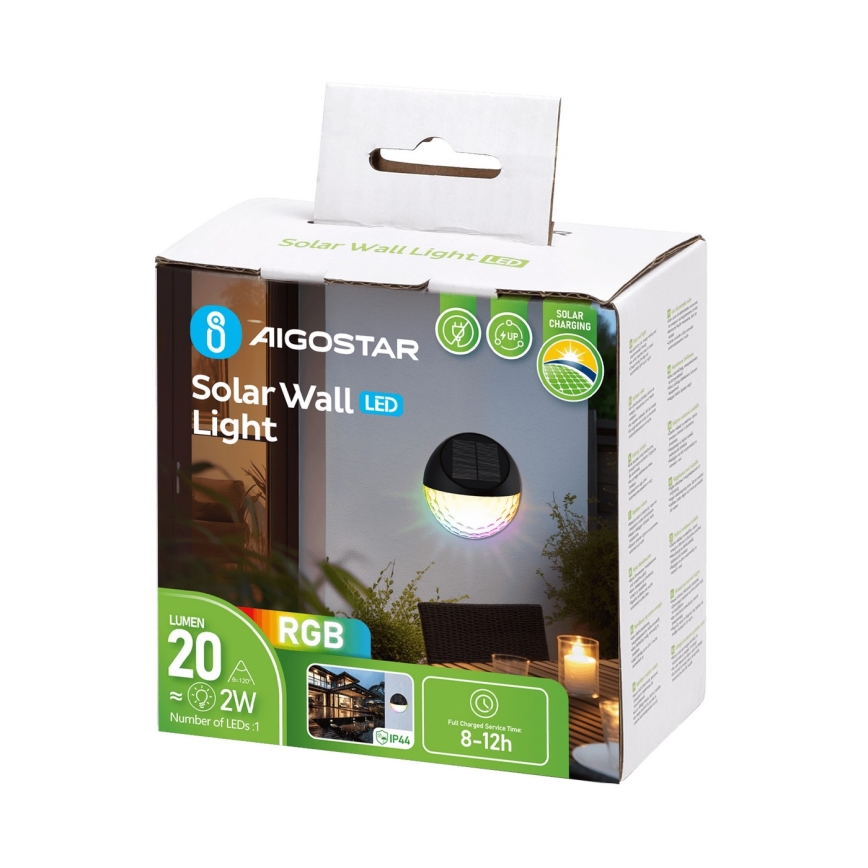 Aigostar - Applique murale solaire RGB LED/2W/1,2V 300 mAh noir IP44