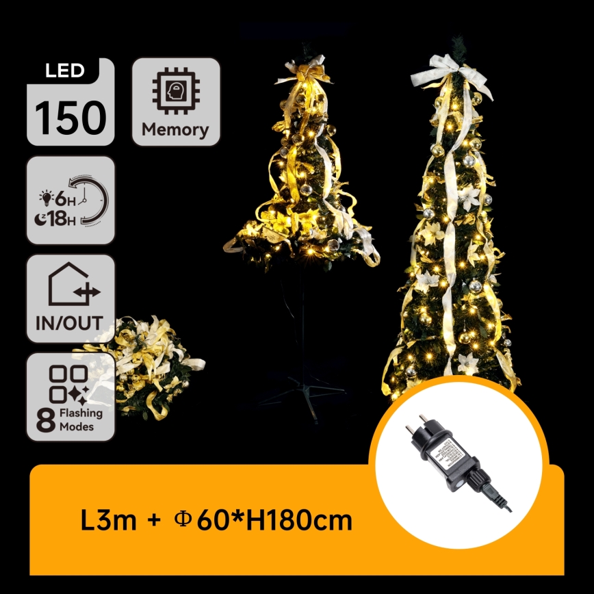 Aigostar - Arbre de Noël LED extérieur 150 LED, 1,8 m, IP44, blanc/doré, blanc chaud