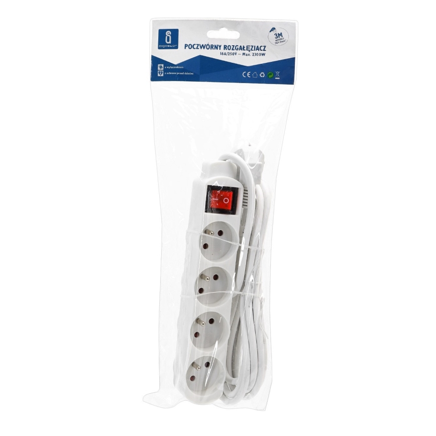 Aigostar - Câble d'extension avec un interrupteur 4Z 3m blanc
