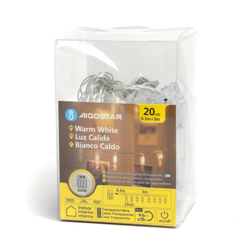 Aigostar - Decoratieve LED ketting met pegs 20xLED/3xAA 3,3m warm wit