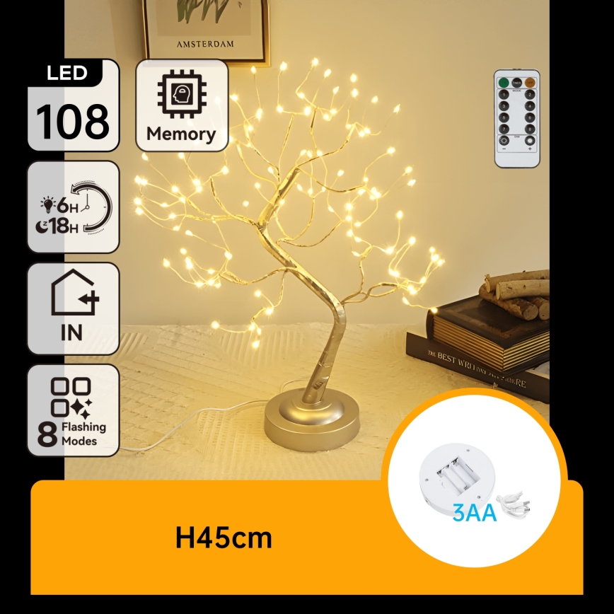 Aigostar - Décoration de Noël LED 108xLED/3xAA/8 fonctions 45cm blanc chaud
