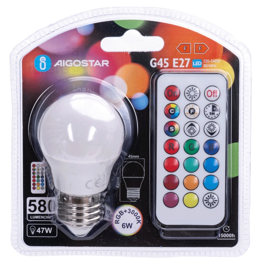 Aigostar - Dimbare LED RGBW-gloeilamp G45 E27/6W/230V 3000K + afstandsbediening