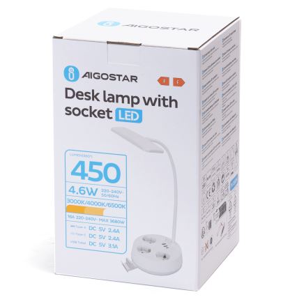Aigostar - Dimbare LED-tafellamp met stopcontacten en USB LED/4,6W/230V 3000/4000/6500K wit