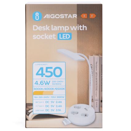 Aigostar - Dimbare LED-tafellamp met stopcontacten en USB LED/4,6W/230V 3000/4000/6500K wit