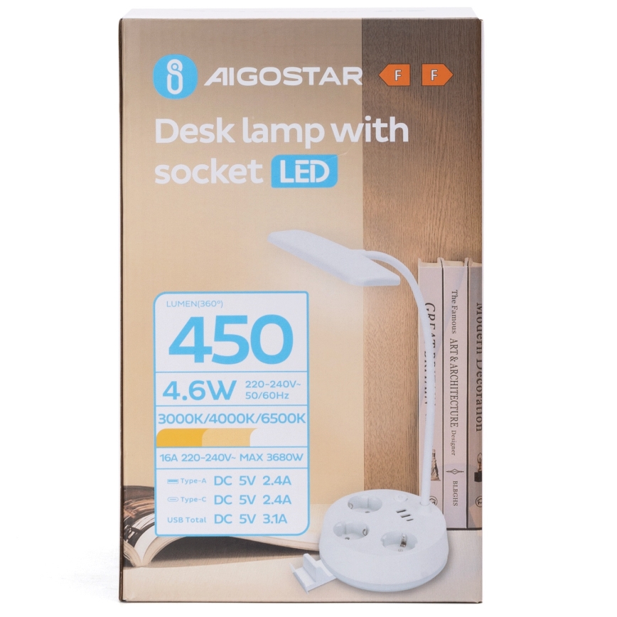 Aigostar - Dimbare LED-tafellamp met stopcontacten en USB LED/4,6W/230V 3000/4000/6500K wit