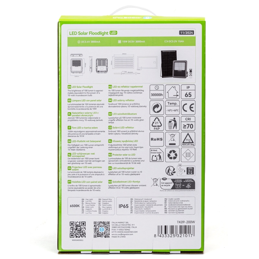 Aigostar - Dimbare zonne-LED schijnwerper LED/200W/3,4V IP65 15000 mAh + afstandsbediening