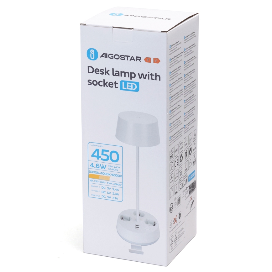 Aigostar - Dimmable bureaulamp met stopcontacten en USB LED/4,6W/230V 3000/4000/6500K wit