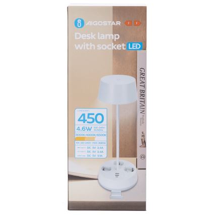 Aigostar - Dimmable bureaulamp met stopcontacten en USB LED/4,6W/230V 3000/4000/6500K wit