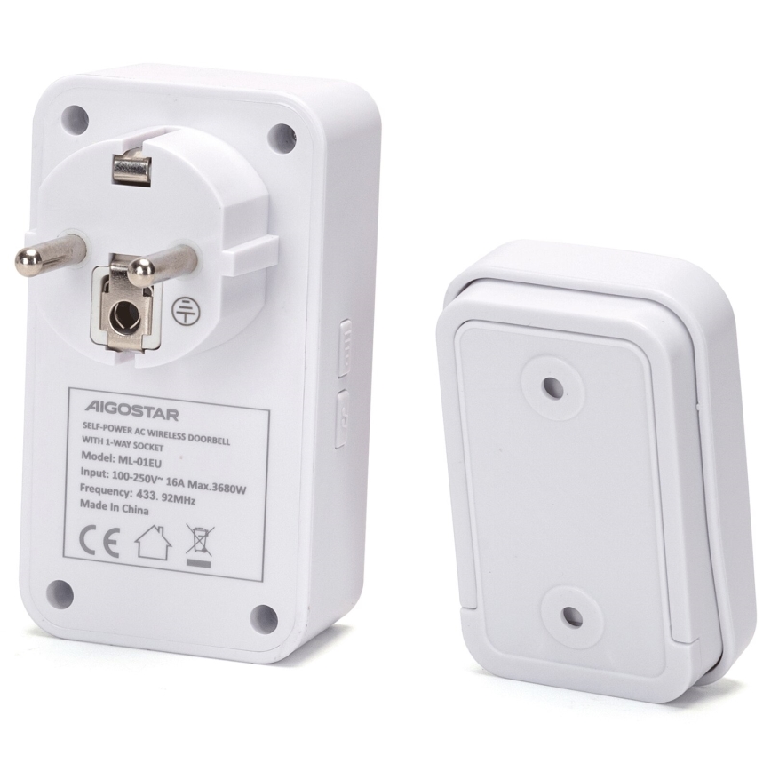 Aigostar - Draadloze deurbel met stekker 1Z 230V IPX4 wit