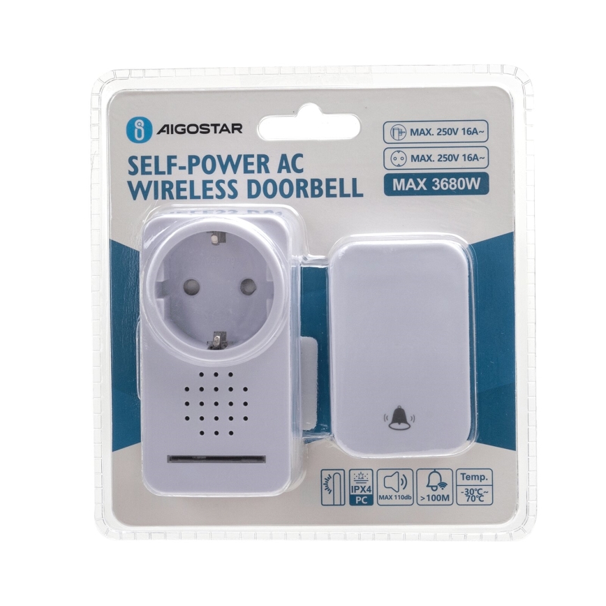 Aigostar - Draadloze deurbel met stekker 1Z 230V IPX4 wit