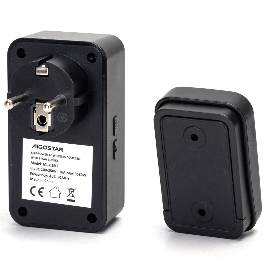 Aigostar - Draadloze deurbel met stekker 1Z 230V IPX4 zwart