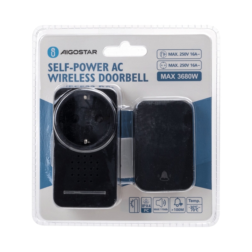 Aigostar - Draadloze deurbel met stekker 1Z 230V IPX4 zwart