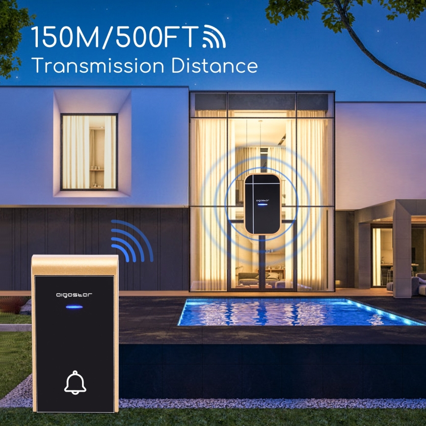 Aigostar - Draadloze deurbel voor 230V/12V-stopcontact, IP44, zwart