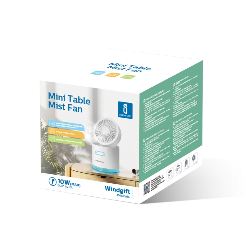 Aigostar - RGB Draadloze mini-tafelventilator met mistfunctie MIST 10W/5V 2000mAh wit
