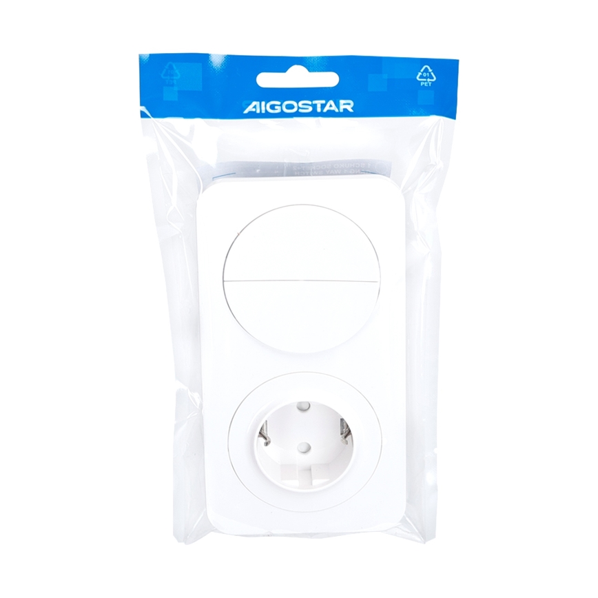 Aigostar - Dubbele schakelaar nr. 5 en SCHUKO-stopcontact 230V met afdekraam, wit